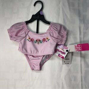Pink Striped Minnie Mouse Swimsuit with Floral Accents
